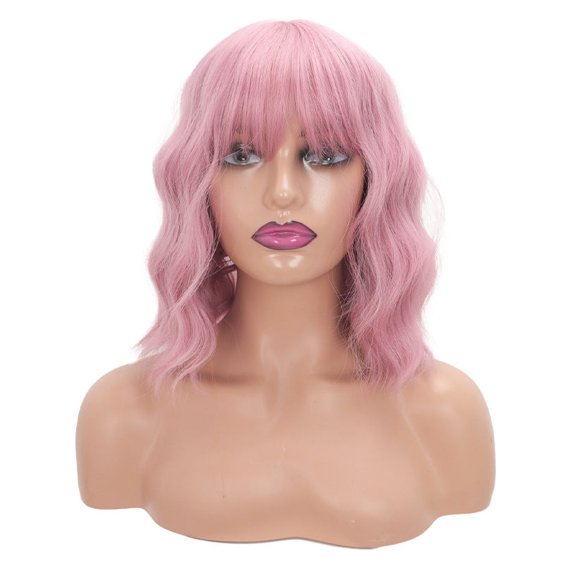 Women's Wine Red Water Ripple Medium Thin Wig Short Curly Hair