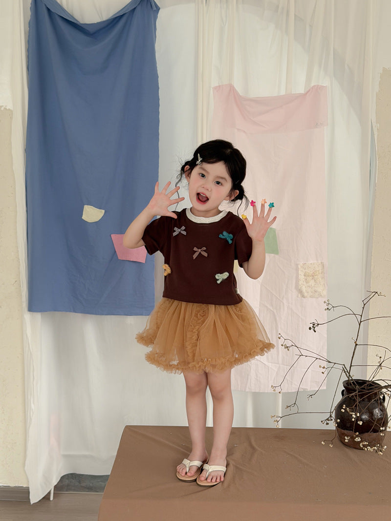 Children's Clothing Korean Style Color Bow Sweet Short Sleeve Children's T-shirt
