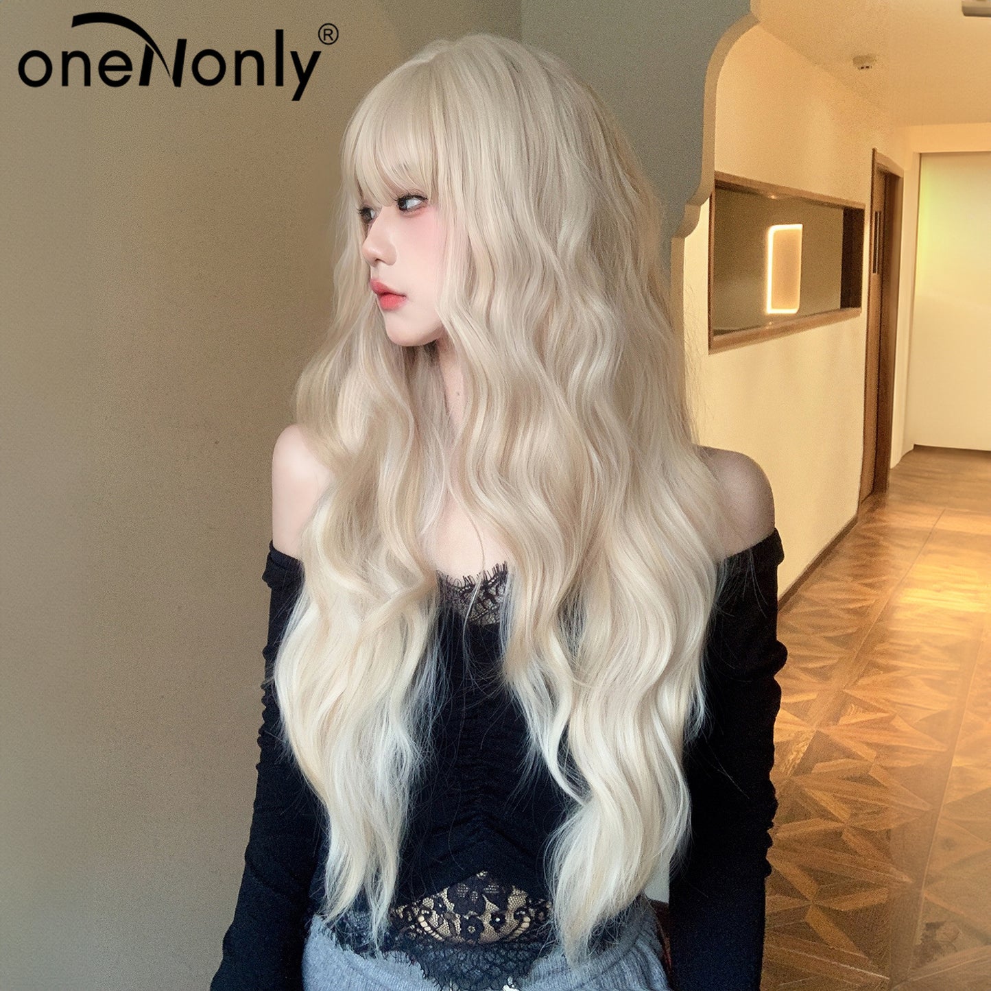 Women's Korean Curly Hair Bangs Big Wave Simulation Natural White Wig Long Curls