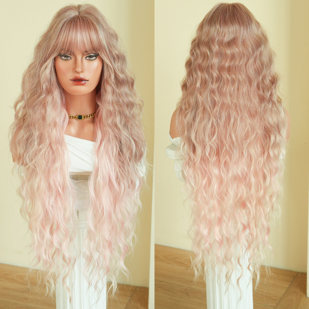 Hair Bangs Brown Dyed Gray Heat Wig Long Curls