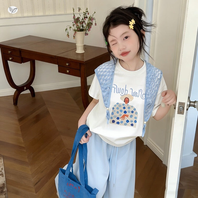 Summer Shawl Fake Two-piece Printed Fresh Casual Teens Tops Short Children's T-shirt