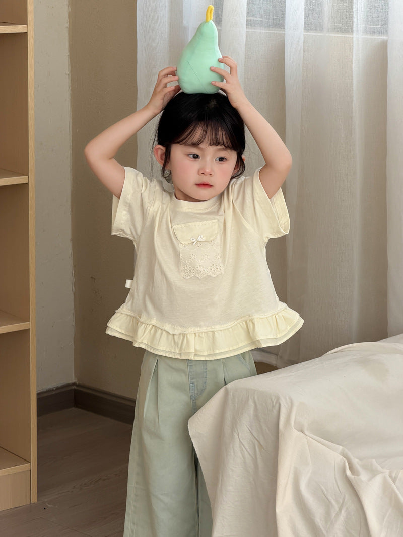 Children's Korean Ruffled Sweet Fresh Lace Pocket Short-sleeved Children's T-shirt