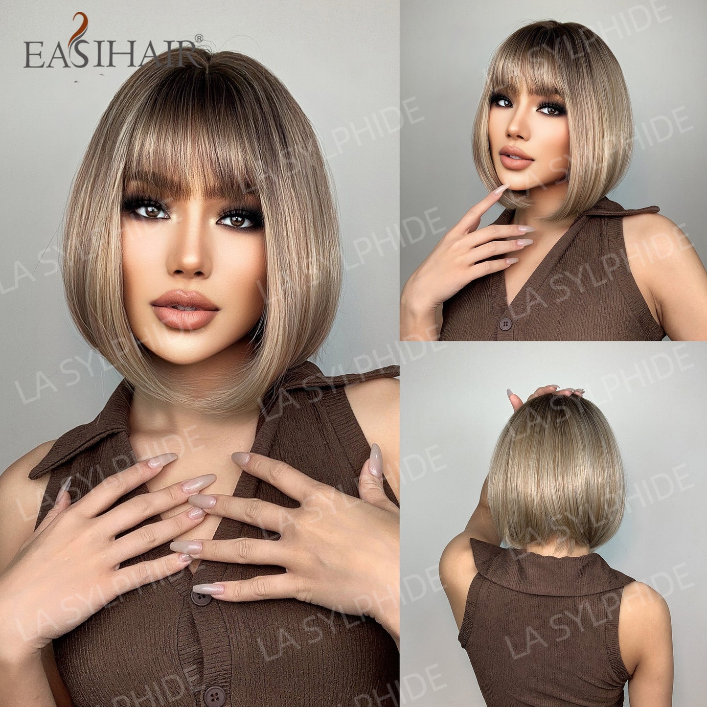 Female Brown Gradient Golden Mechanism Fiber Wig Short Straight Hair