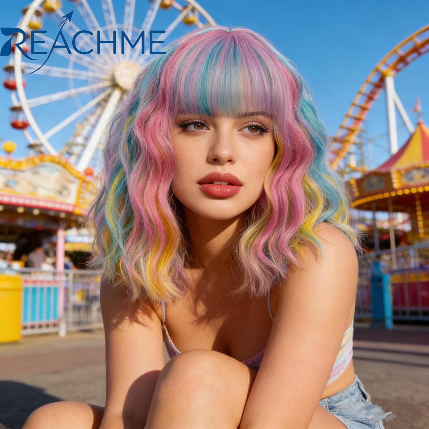 Colorful Gradient Female Style Bangs Realistic Wig Short Curly Hair