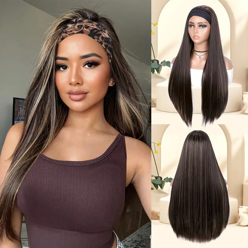 Band Inch Fashion Brown Gold Mixed Color Fiber Long Straight Wig