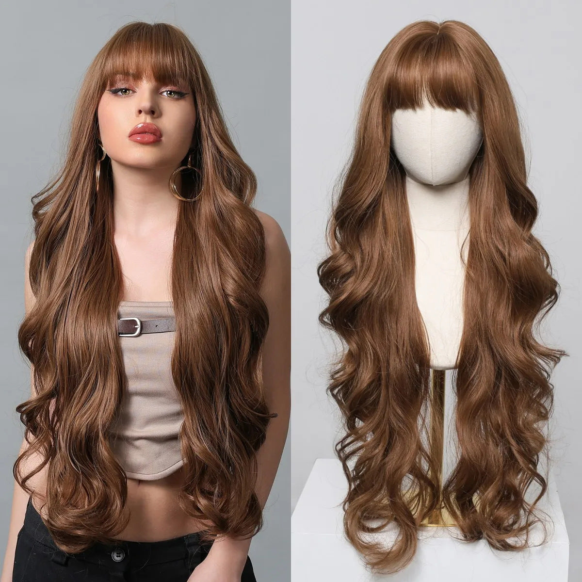 Dark Brown White Gold Color Highlight Wig Long Curls
