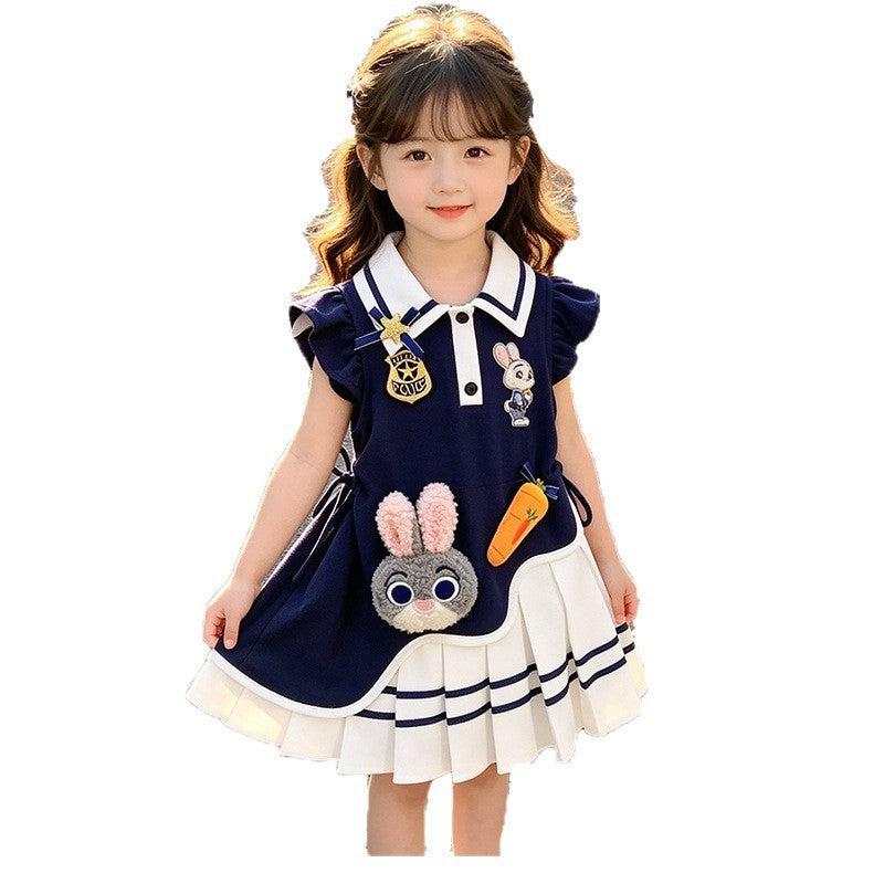 Children's Summer Preppy Style Rabbit Police Officer Lapel Western Children's Dress