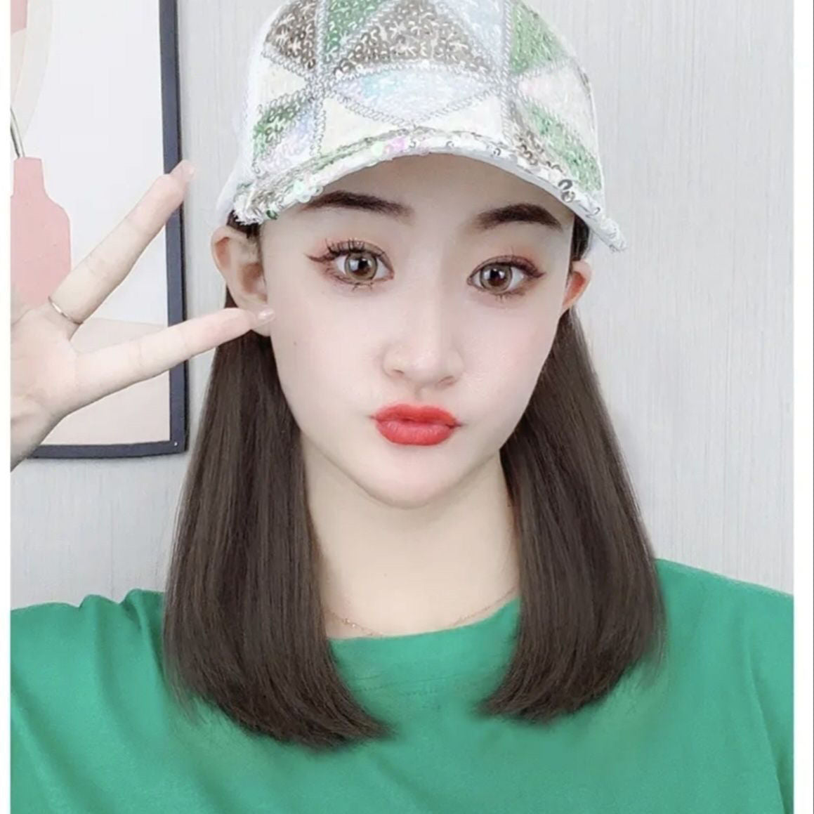 Summer Hat Integrated Fashion Baseball Cap Wig Short Straight Hair