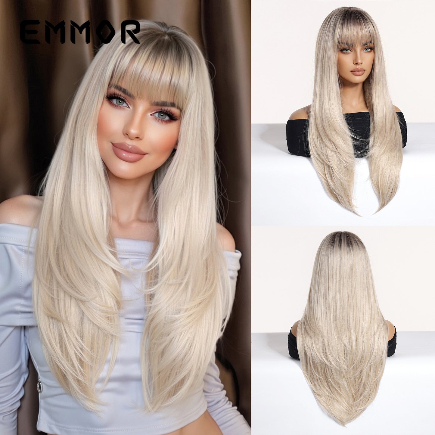 Bangs High Level Gradient Gold Hair Long Straight Wig