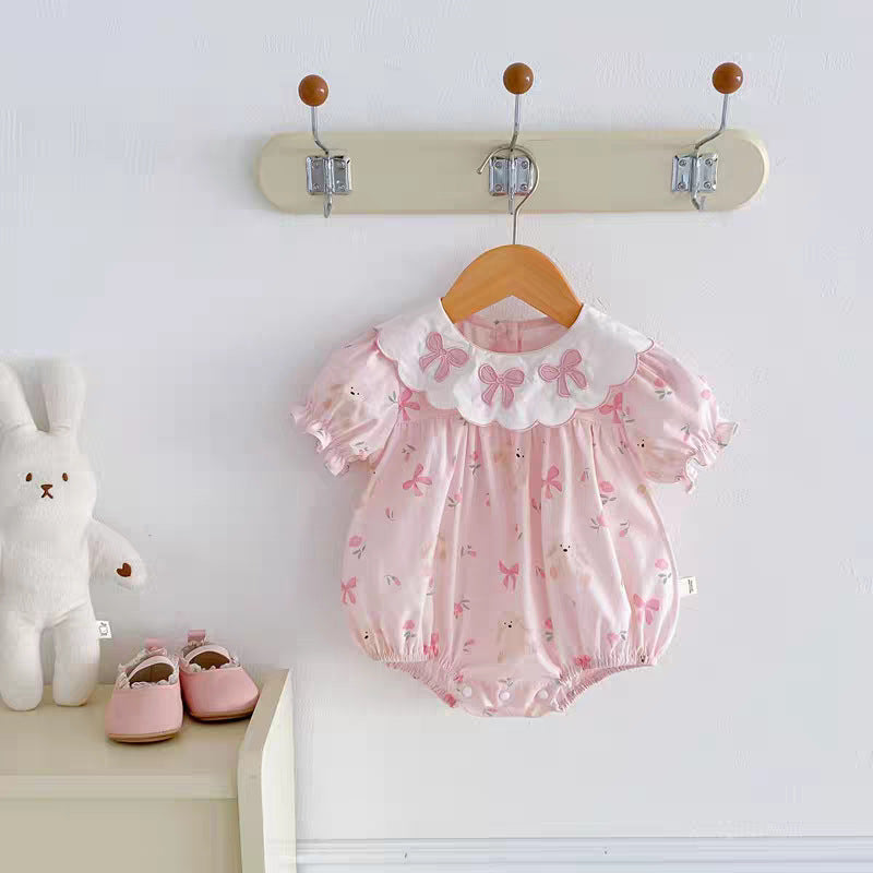 Children's Style Summer Bow Flower Embroidered Dress Rabbit Printed Thin Short Jumpsuit, Climbing Suit