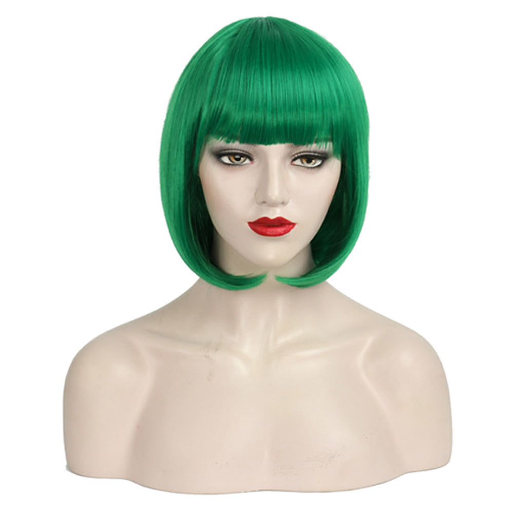 Women's Fashion Long Black Head Cover With Wig Short Straight Hair