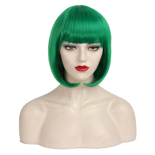 Women's Fashion Long Black Head Cover With Wig Short Straight Hair