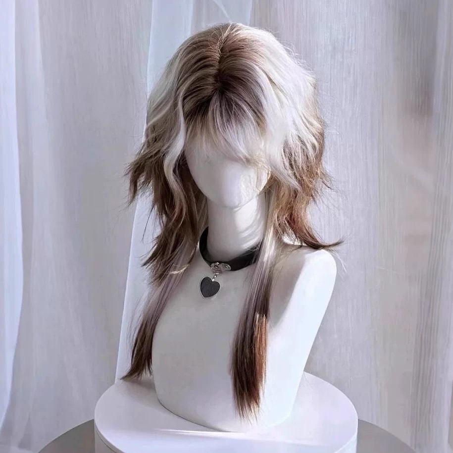 Sier Brown Gradient Anchovy Head Tail Full Wig Long Curls