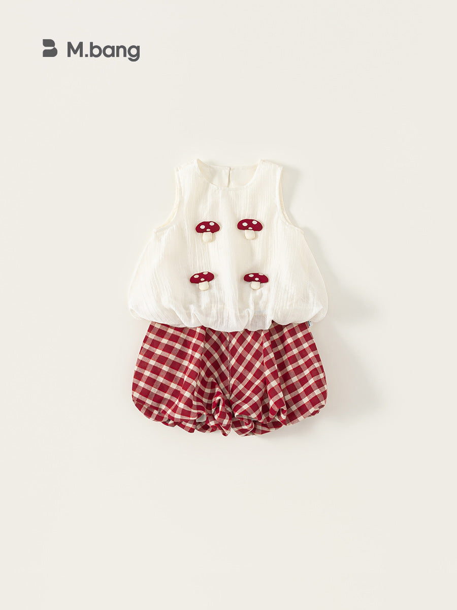 Children's Clothing Summer Tops Mushroom Sleeveless Plaid Bud Children's Suit