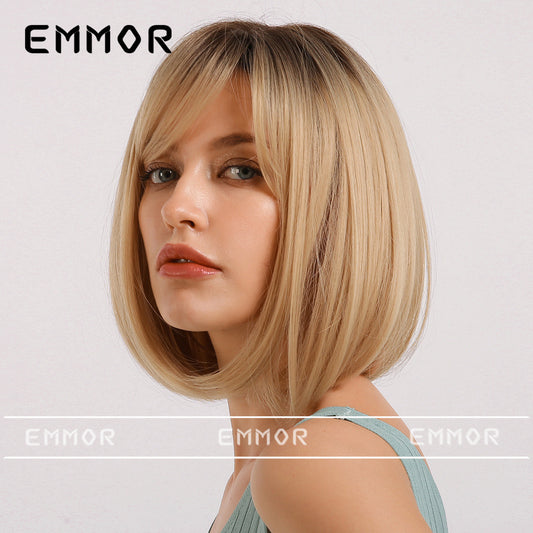 Women's Straight Bangs Head Gradient Golden Synthetic Wig Short Curly Hair