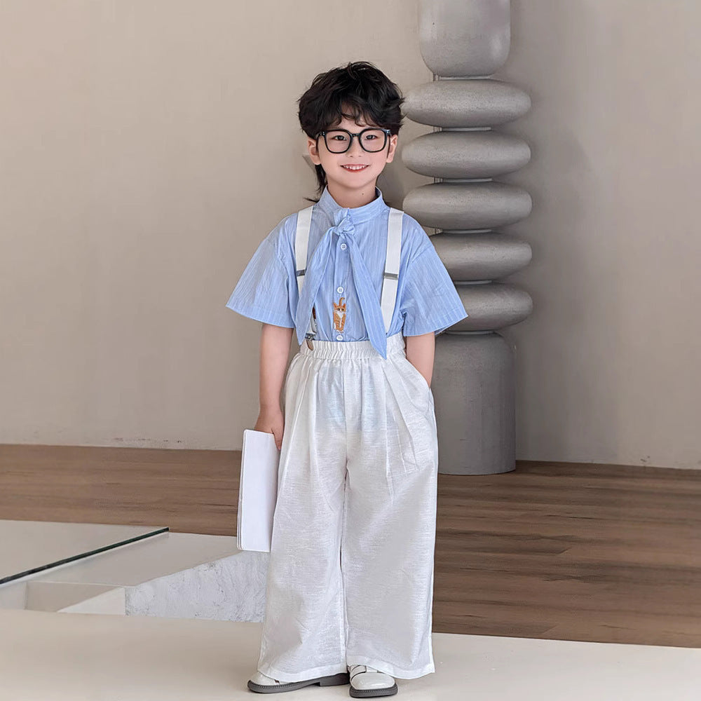 Children's Set Summer Blue Striped Outfit Performance Clothes Children's Shirt