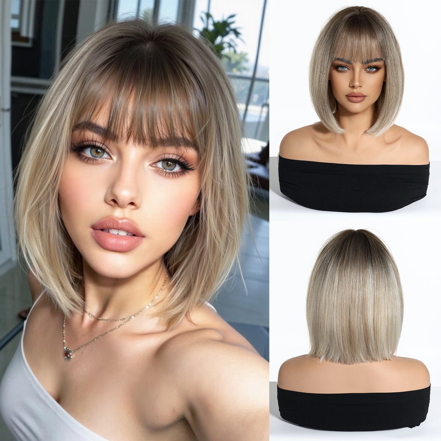 Gradient Brown Highlights Air Bangs Natural Realistic Chemical Fiber Full Wig Short Straight Hair