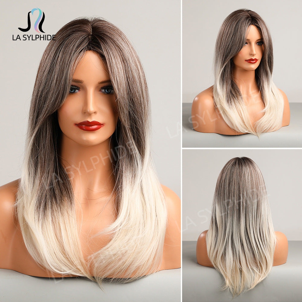 Bangs Mid-length Texture Hair Intellectual Female Mechanism Golden Synthetic Wigs Long Straight Wig
