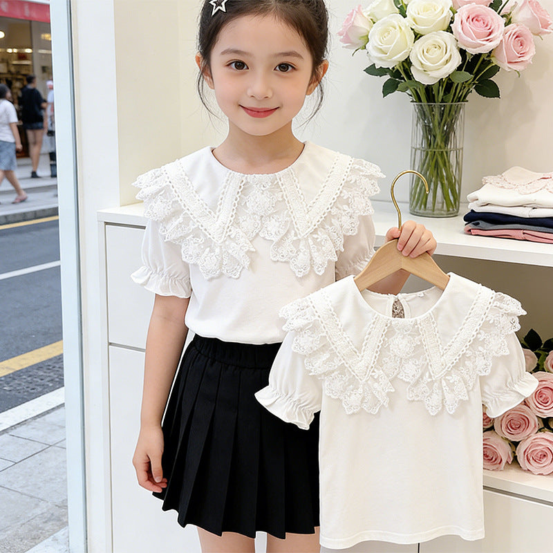 Children's Ice Porcelain Cotton Short-sleeved Shirt Summer Little Lace Collar Children's T-shirt