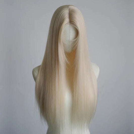 Female White Gold Color Forehead Lace Mid-length Golden Hair Blonde Long Straight Wig
