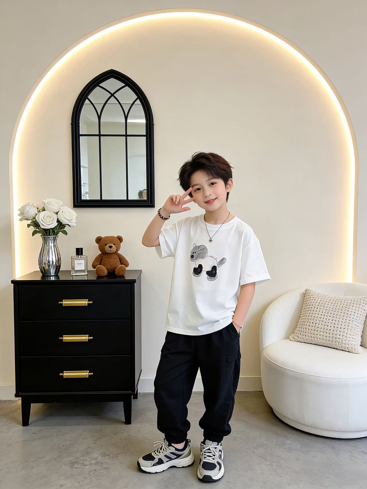 Boys Summer Short Sleeve Middle Big Cartoon Round Neck Half Children's T-shirt