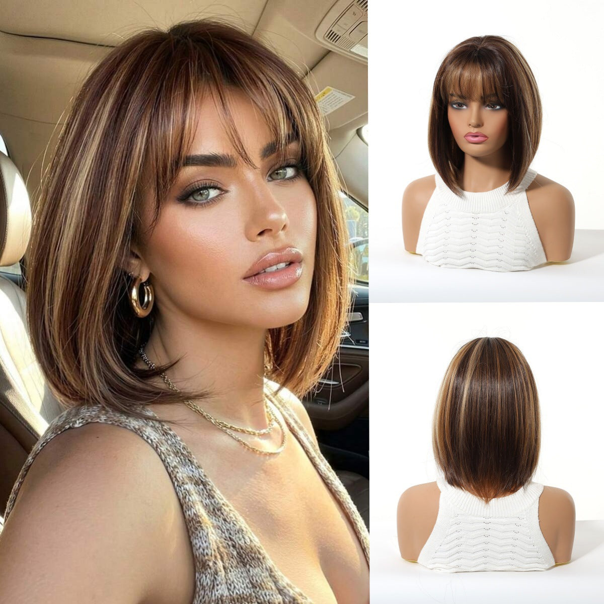 Gradient Brown Highlights Air Bangs Natural Realistic Chemical Fiber Full Wig Short Straight Hair