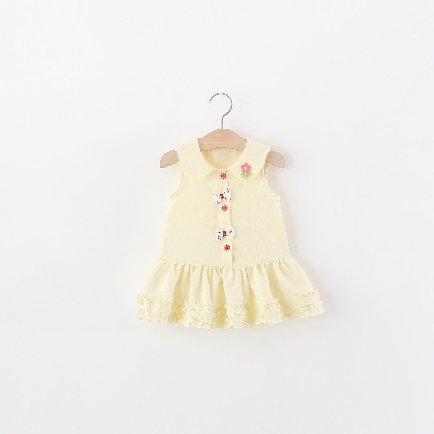 Children's Summer Solid Color Peter Pan Collar Flower Bow Tie Cotton Children's Dress