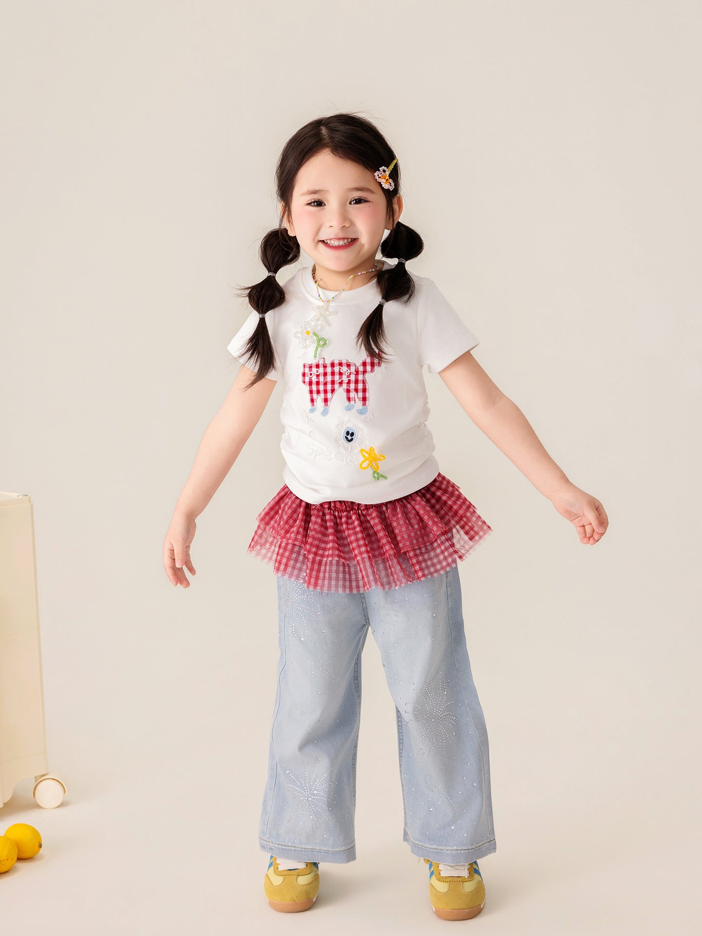 Children's Summer Short Sleeve High Elastic Thread Embroidery Hand Sewing Pearl Children's T-shirt