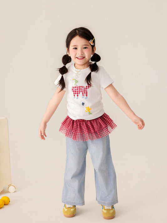 Children's Summer Short Sleeve High Elastic Thread Embroidery Hand Sewing Pearl Children's T-shirt