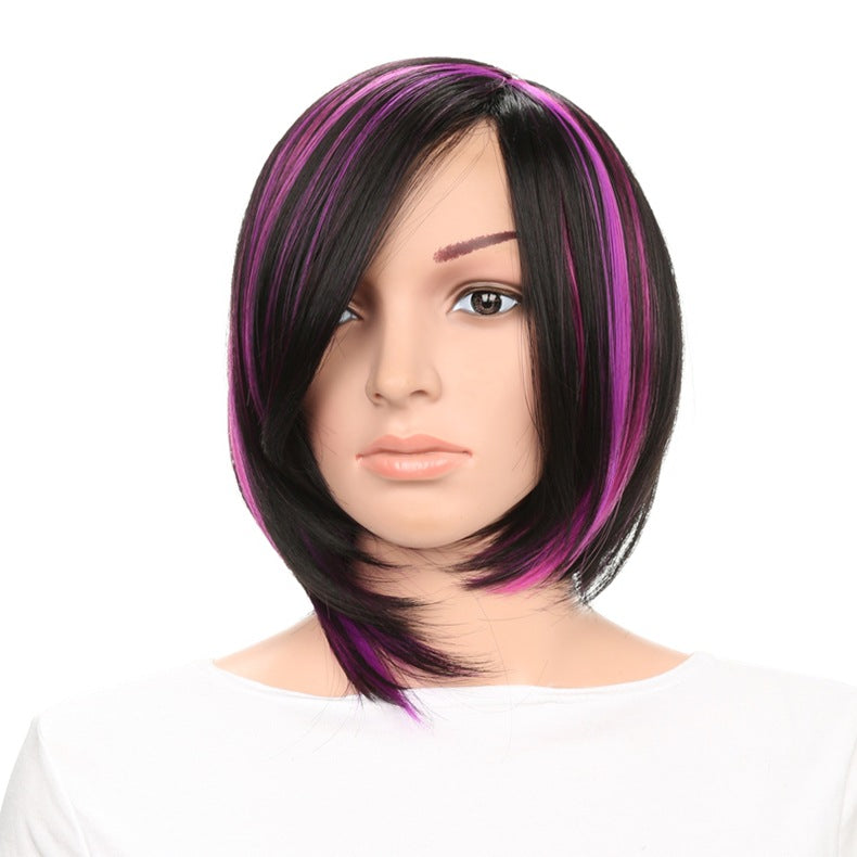 Women's Black Purple Dyed Chemical Fiber Wave Wig Short Curly Hair