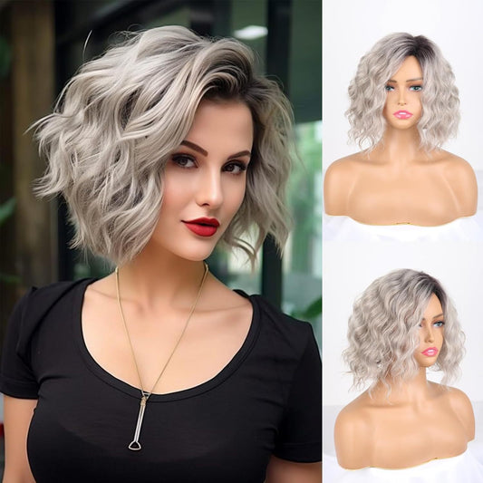 Women's Split Mid-length Gray Gold Gradient Water Ripple Synthetic Wig Short Curly Hair