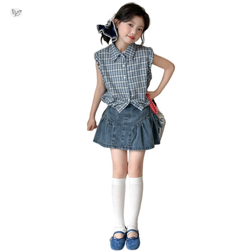 Summer Sleeveless Plaid Shirt Denim Skirt Children's Suit