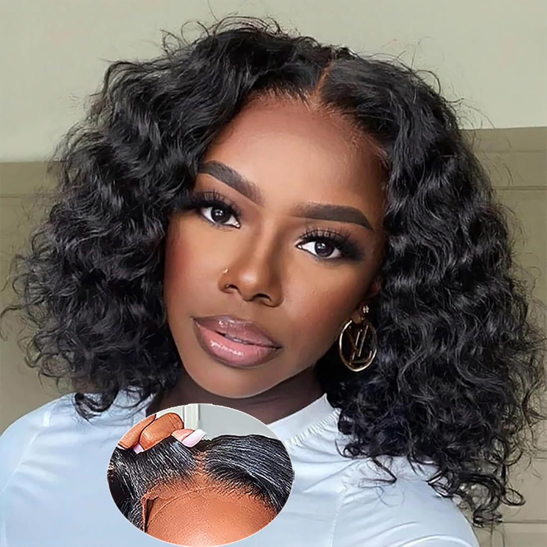 Women's Mid-length Small Roll Afro Front Lace Wig Short Curly Hair