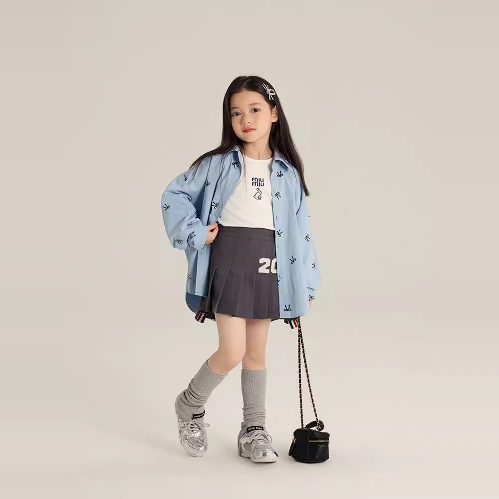 Children's Bow Printed Medium Large Korean Style Western Casual Children's Shirt