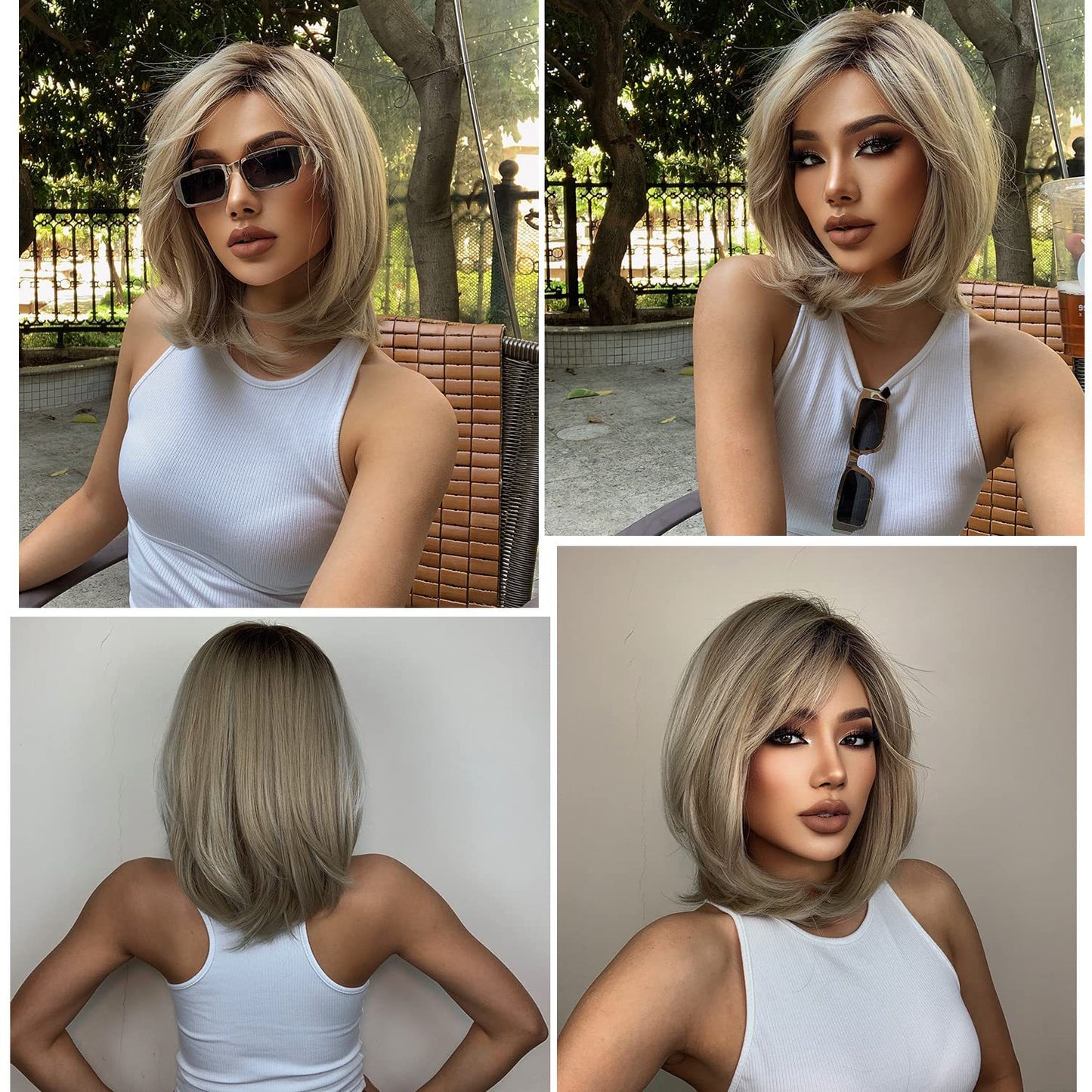 Women's Bangs White Gold Color Gradient Level Straight Wig Short Curly Hair