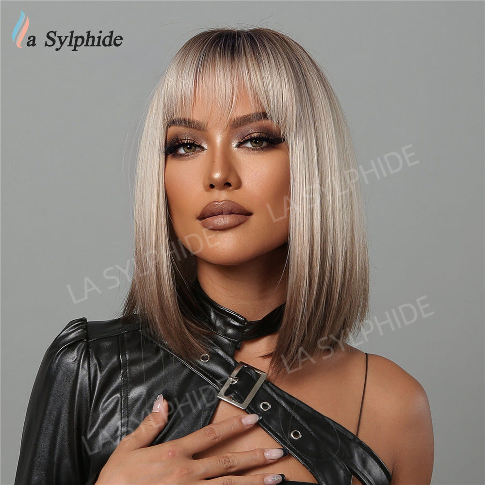 Women's Bangs Brown Gradient Sier Head Daily Wig Short Straight Hair