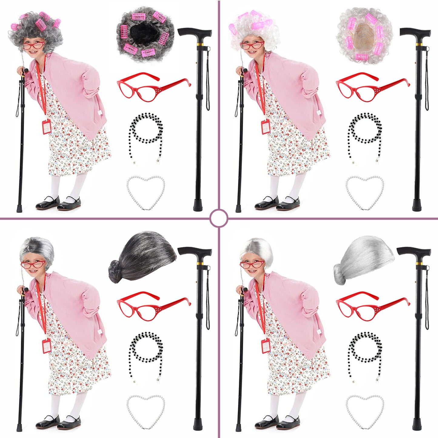 Props Watch Show Old Lady Grandma Flower White Curly Head Real Hair Wig