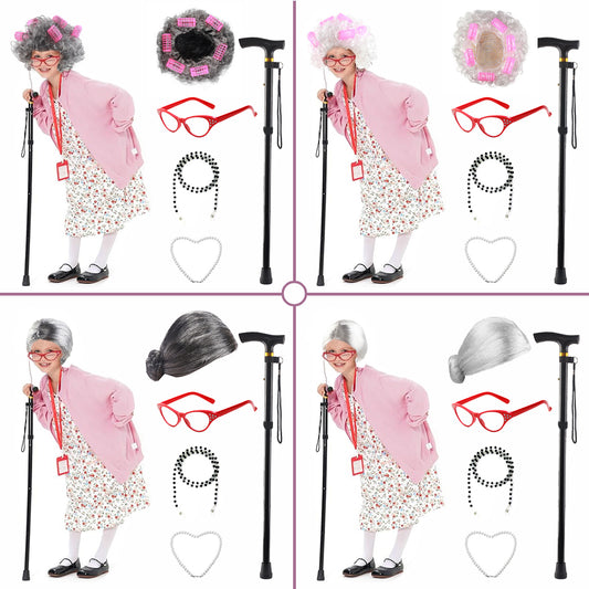 Props Watch Show Old Lady Grandma Flower White Curly Head Real Hair Wig