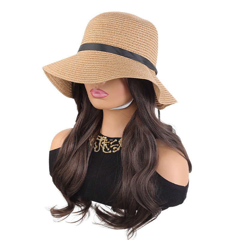 Straw Sun Hat Curly Hair One-piece Wig Long Curls