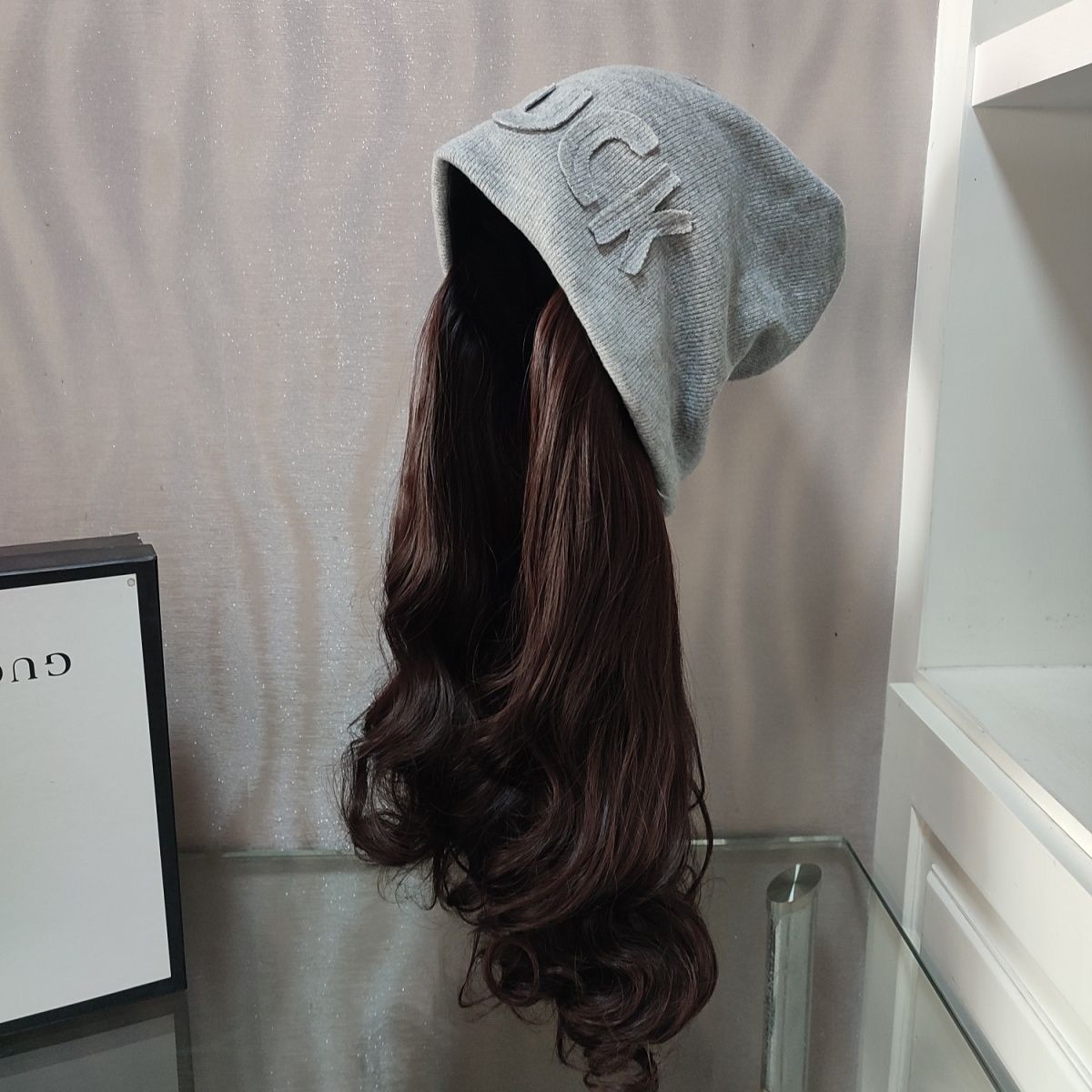 Beanie Hat One Detachable Fashion Cool Gray Street Pile Heap Wig Long Curls