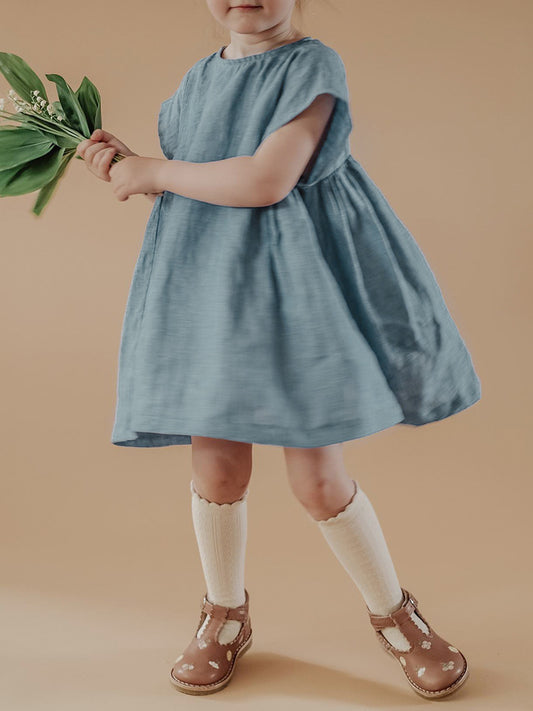 Women's Promotion High Quality Pure Linen Casual Vacation Short-sleeved Skirt Round Children's Dress