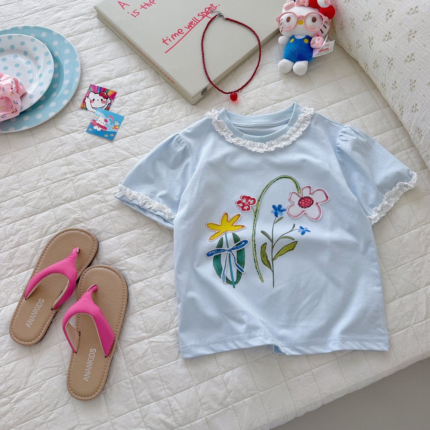 Summer Ice Cotton Knitted Lace Collar Cartoon Printed Puff Children's T-shirt