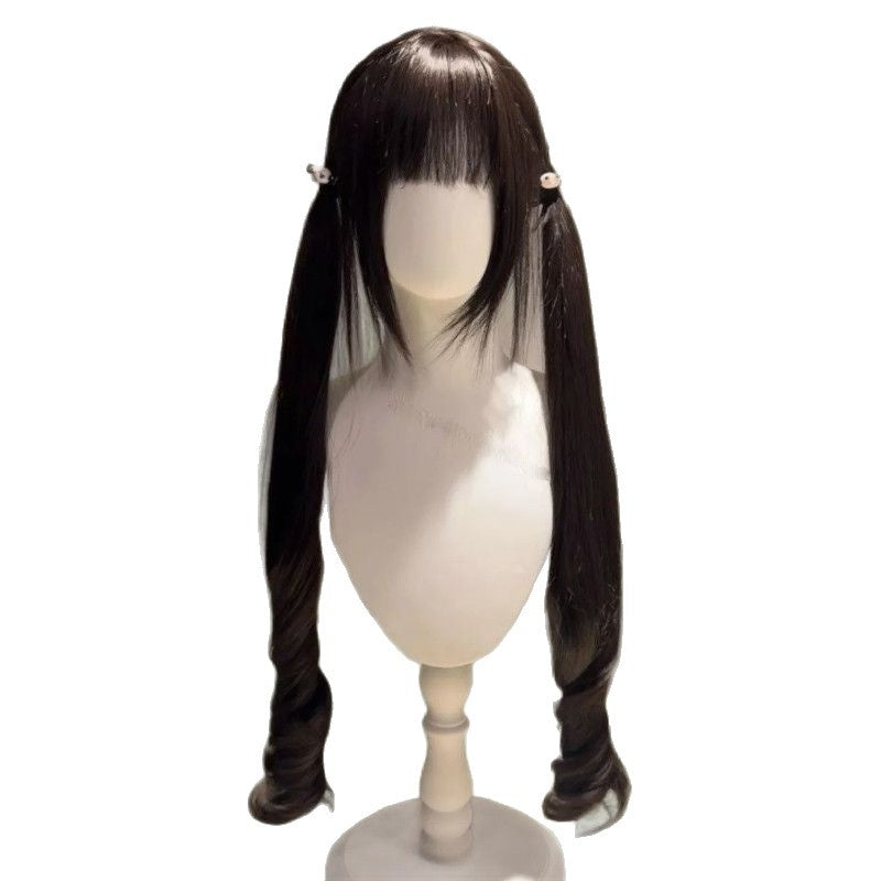 Double Ponytail Tie Out Curly Hair With Sideburns Wig Long Curls