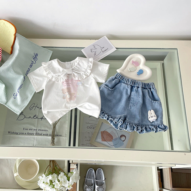 Summer Polo Collar Top Short-sleeved Lace Children's Suit