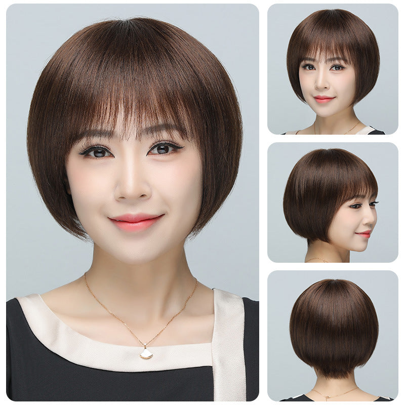 Real Full Human Female Mother Sheath Wig Short Straight Hair