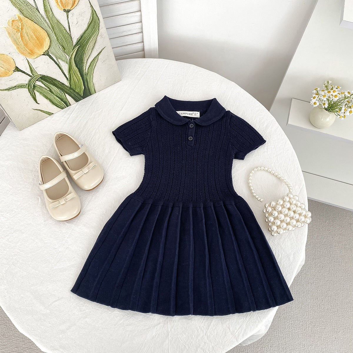 Preppy Style Lapel Ingot Collar Knitted Children's Dress