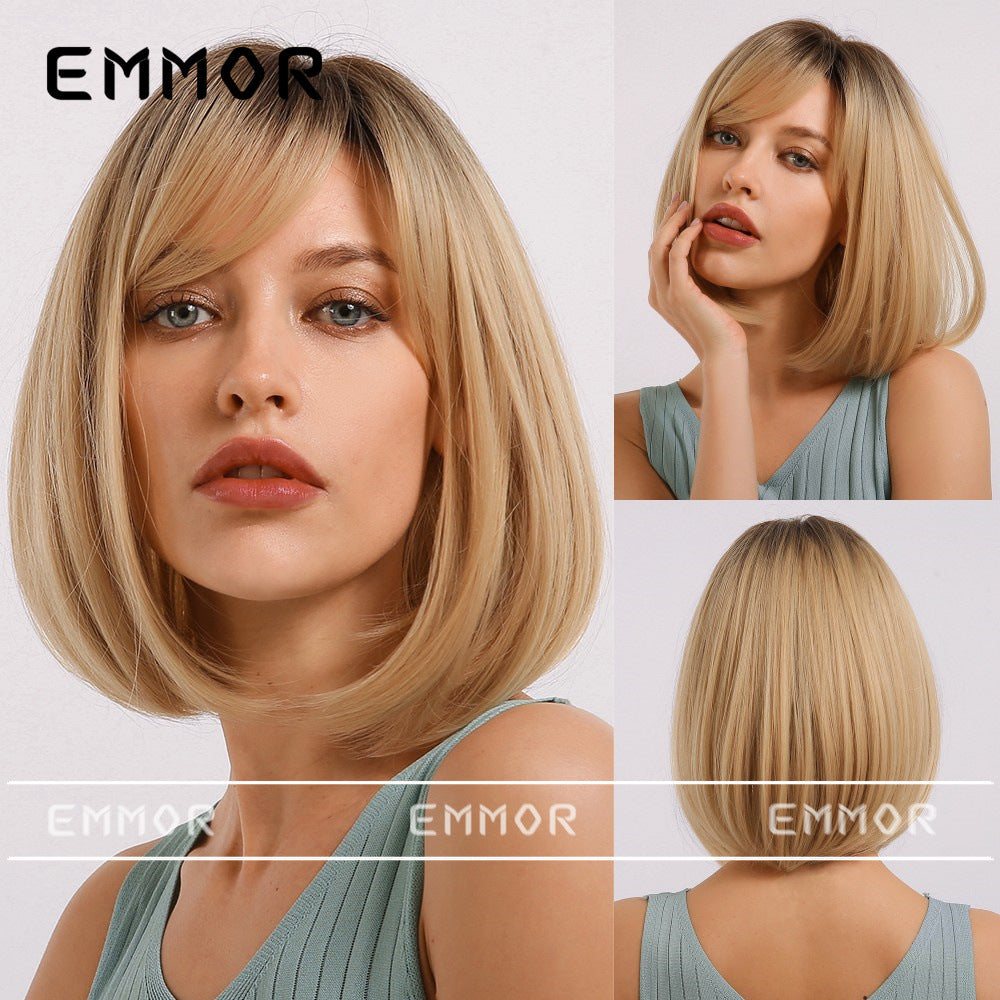Women's Straight Bangs Head Gradient Golden Synthetic Wig Short Curly Hair