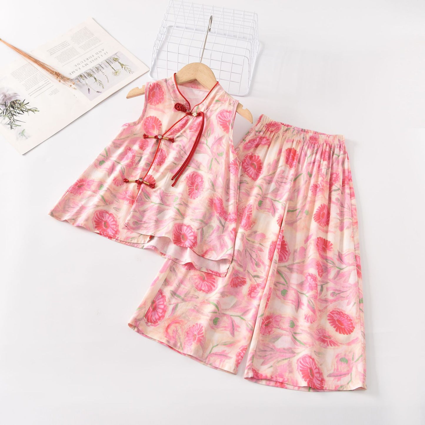 Children's Cool Summer Vest Shorts Poplin Pajamas Artificial Cotton National Children's Suit
