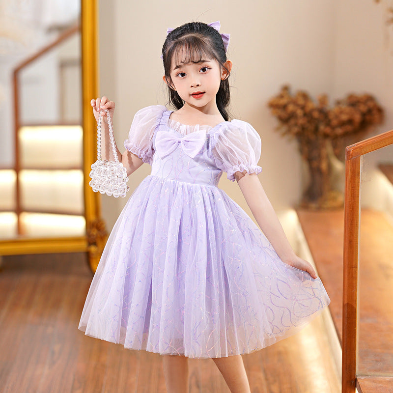 Children's Summer Puff Short Sleeve Bow Princess White Sequin Embroidery Day Children's Dress