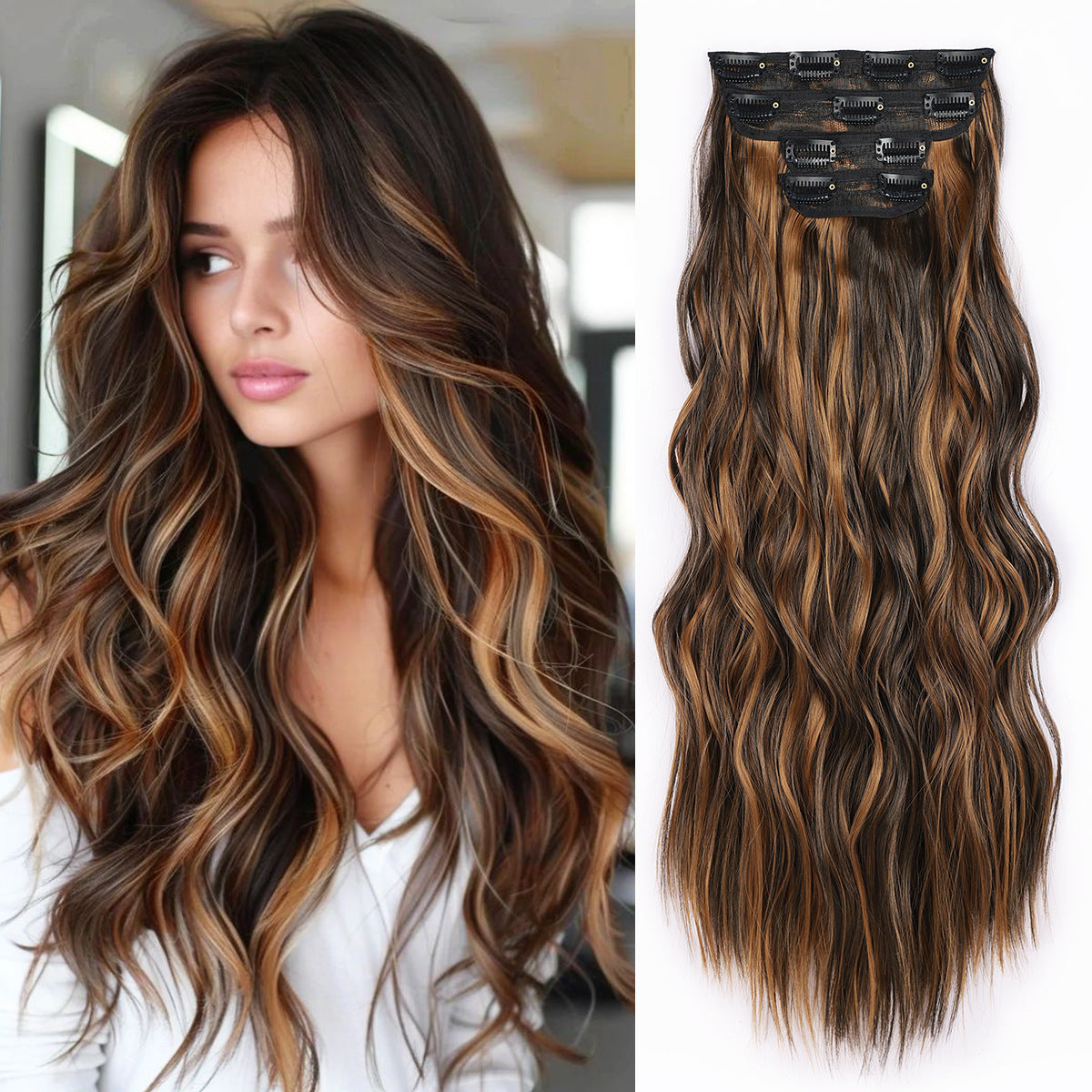 Women's Set Water Ripple Hairpiece Clip Fiber Wig
